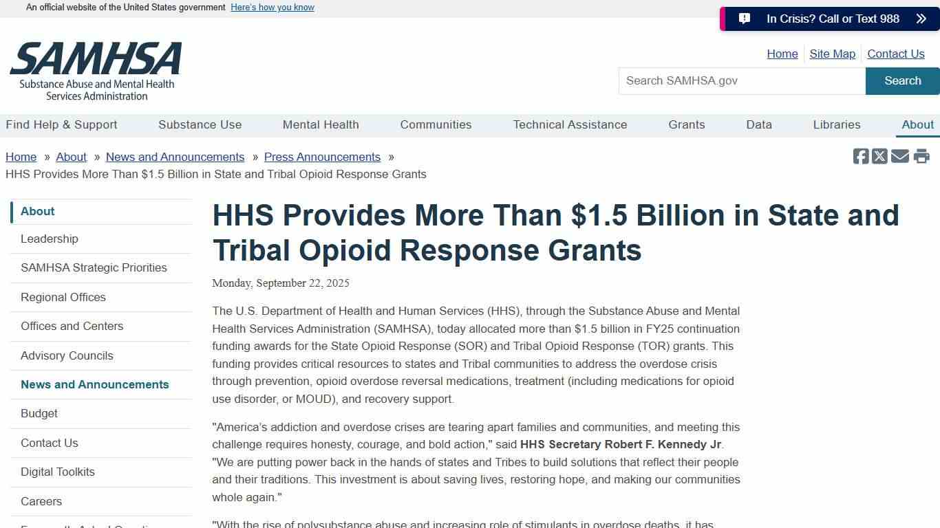 HHS Provides More Than $1.5 Billion in State and Tribal Opioid Response Grants SAMHSA